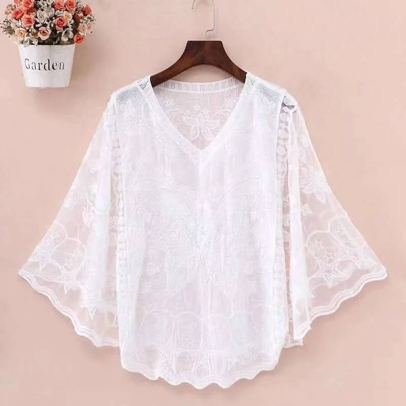 

Bat Sleeve Embroidery Butterfly Flower Women's Lace Top Cotton Top Loose Women's Top Sexy Crochet Perspective Summer