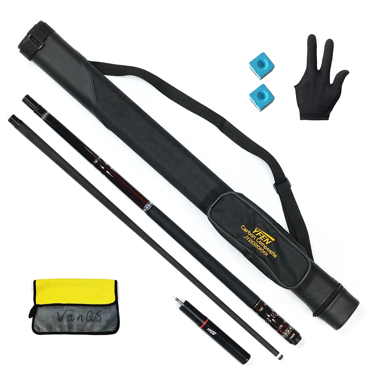 1/2 Carbon Fiber Billiard Cue Stick with Stainless Steel Joint Maple Wood Butt & YF Bag Includes Cue Cleaning Towel Set