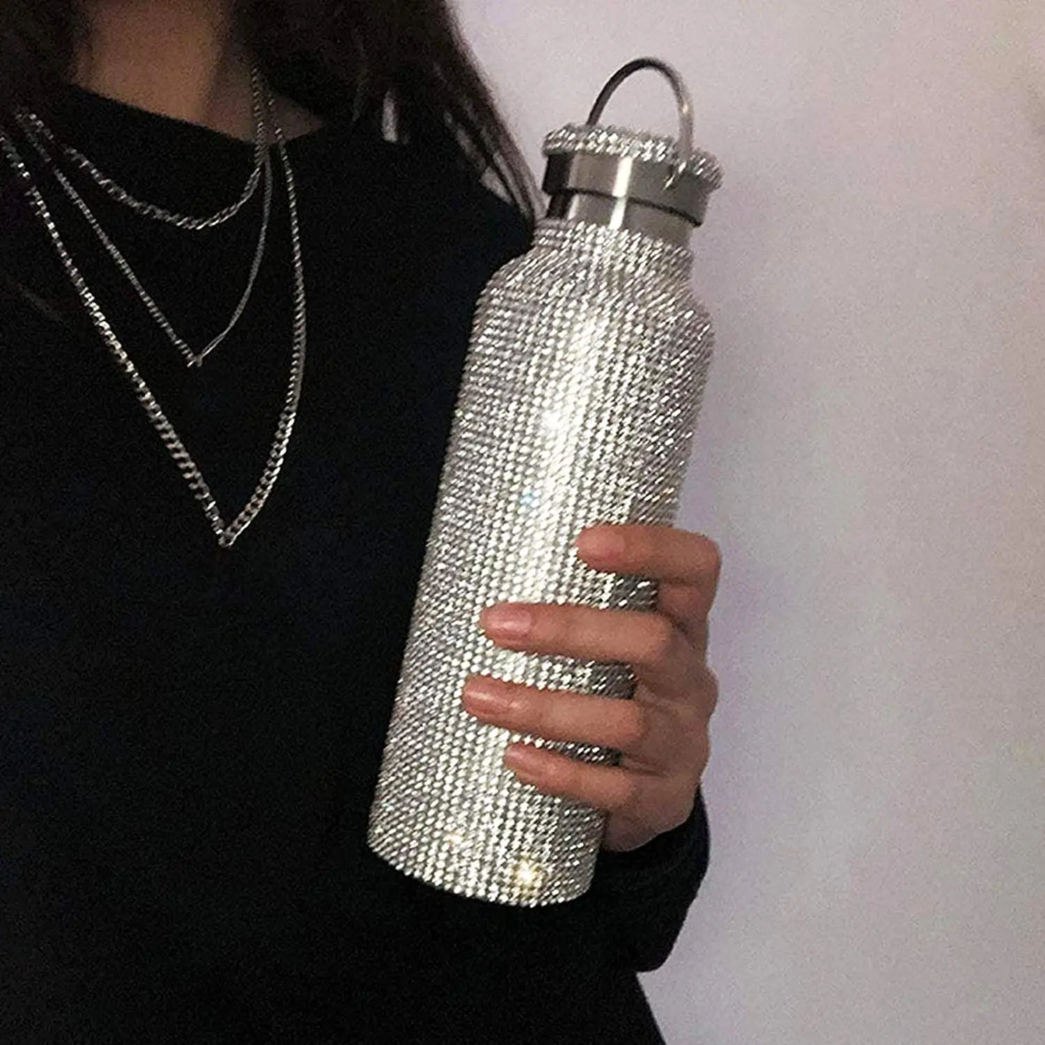 

Novelty Stainless Steel Diamond Crystal Studded Rhinestone Water Bottle Insulated Double Wall Tumbler with Lid Hook