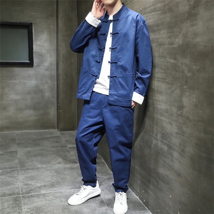 

2021 New suits set for men Chinese style stand collar button Tang suit casual men jogger set suit plain color two-piece set