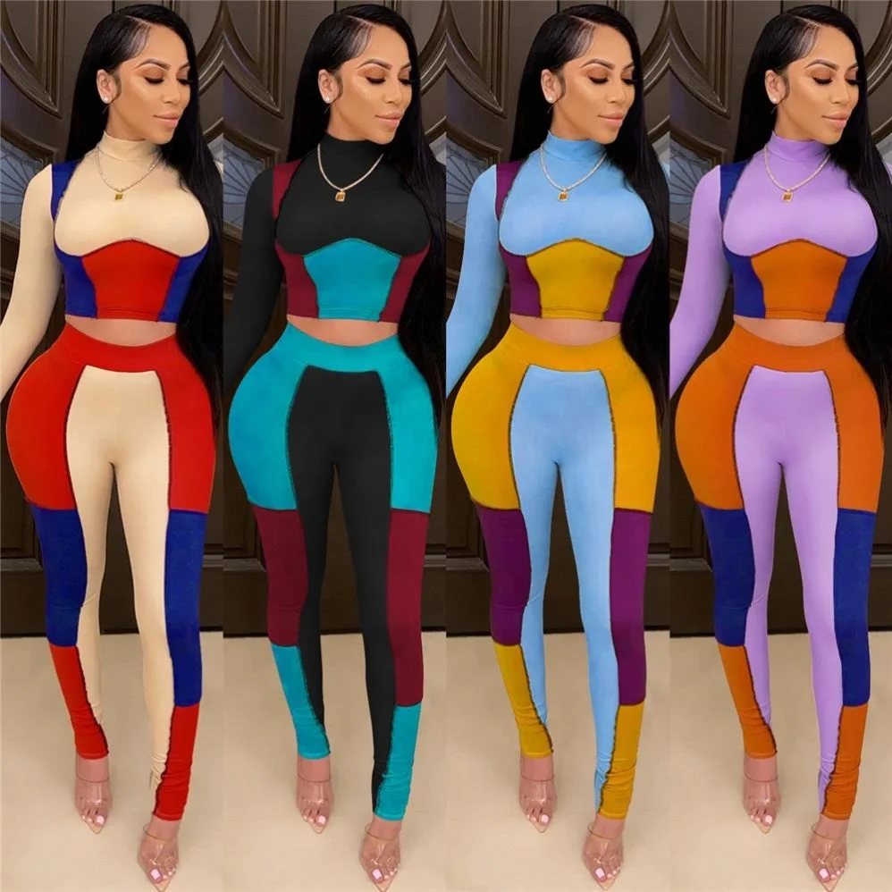 

2021 New Arrivals Spring Ladies Patchwork Skinny Jogger Set Women Bodycon Two Pieces Sets Women 2 Piece Pants Outfits