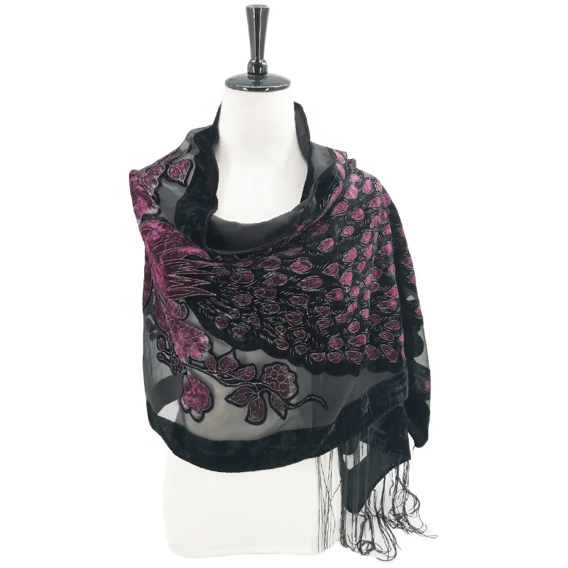 

MIO Pashmina Peacock Velvet Silk Tassels Embroidered Burnout Wrap Shawl Scarf In Yiwu