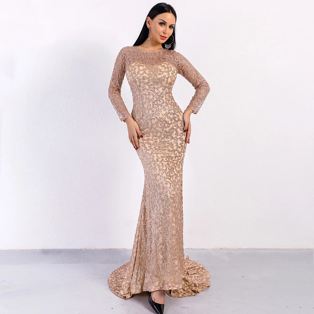 Long Sleeve Sexy Round Collar Shine Sequined Pink Elegant Evening Dress