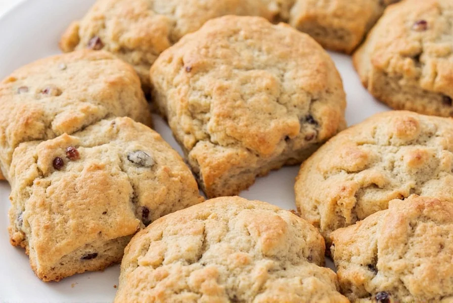 Step-by-step baking process showing biscuit dough preparation with cinnamon and raisins