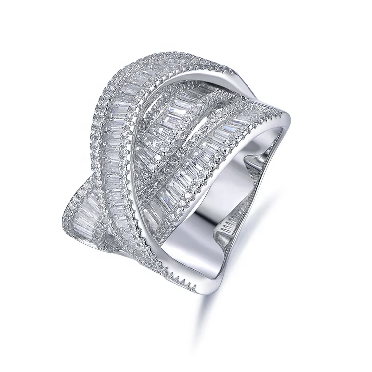 

Custom Made White Gold Plated Ring Baguette Invisible Setting Wedding Bands or Rings Silver Cross Trendy Diamond Rings