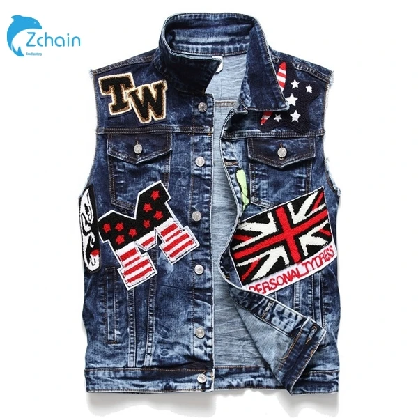 

OEM New Fashion Men Embroidery patchwork Denim Sleeveless Jeans outwear cowboy Frayed Jacket Coat denim jacket for man