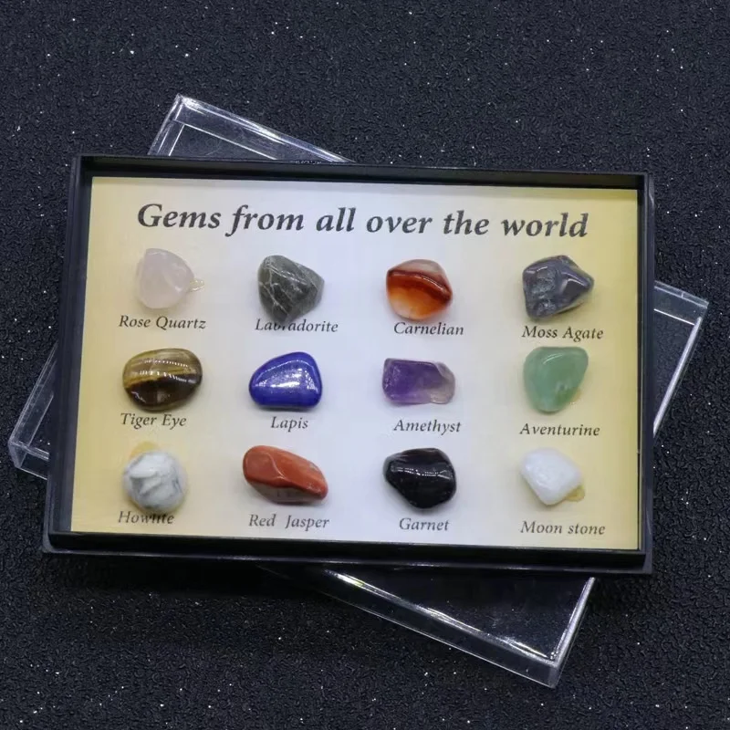 

12 Pcs Natural Crystal With Gift Box Tumbled Stone Rock Mineral Teaching Specimen Set Stone Crafts