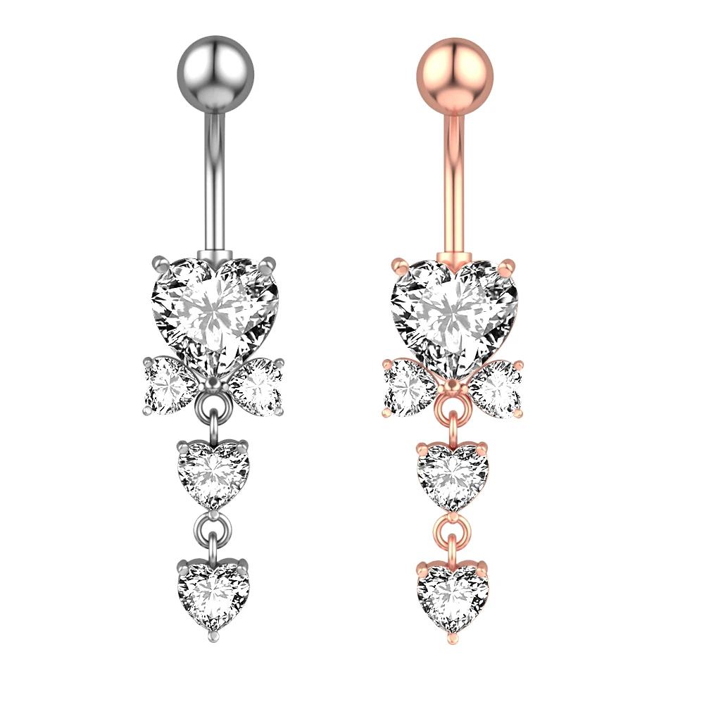 

New Style Three Hearts Bowknot Belly Button Ring Stainless Steel Inlaid with Large Zircon Navel Rings Body Jewelry