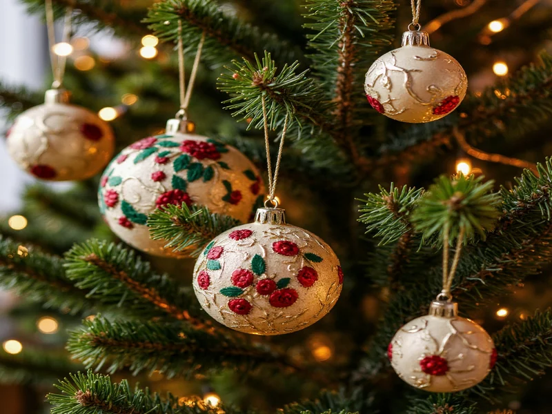 Handmade ornaments displayed on Christmas tree