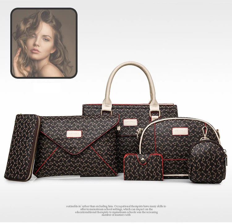 

Fashion design hot selling 6 in 1 europe style PU leather printing ladies hand bags sets, Pictures showed