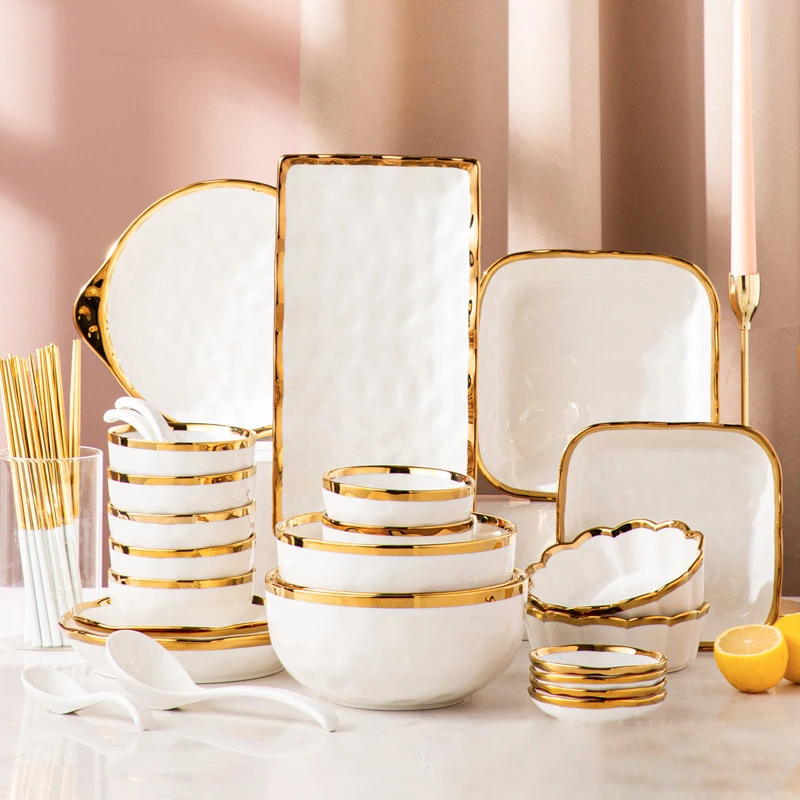 

Nordic White Ceramic Dinner Plate Porcelain Dinnerware Gold Rim Hotel Dinner Set