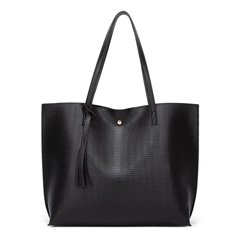 

New Tote Luxury Pu Leather Bag Fashion Tassel Shoulder Bag Handbag Wave Pattern Shopping Top-handle