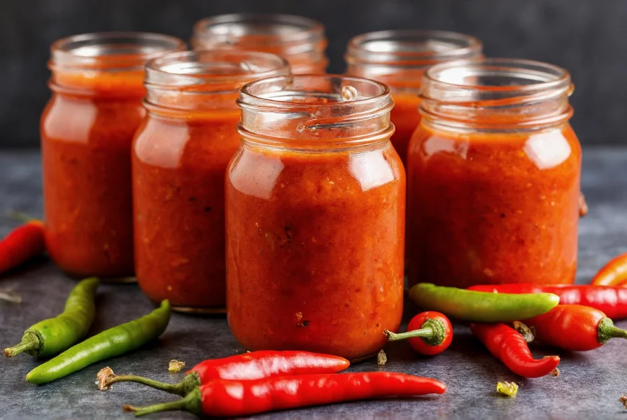 Homemade chili chutney in multiple glass jars with different chili varieties displayed beside them