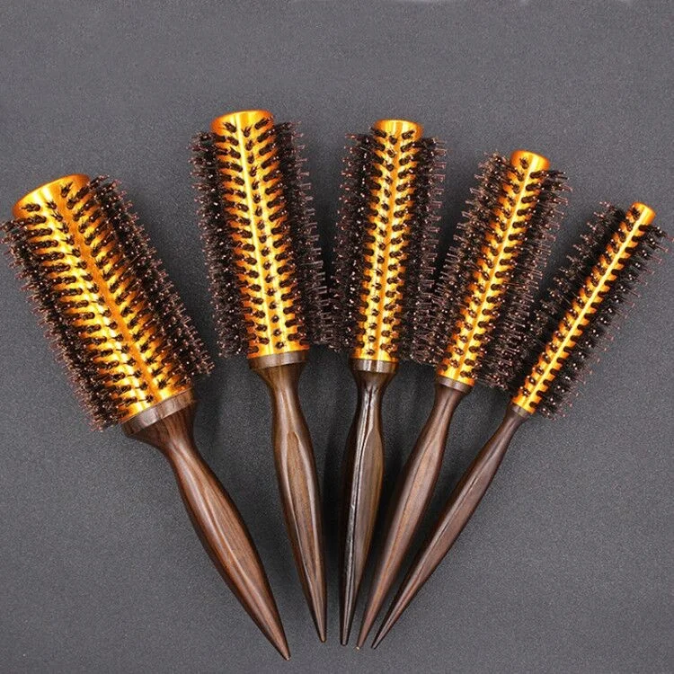 

Wooden Aluminum Tube Round Boar Bristle Ionic Hair Brush Wood Rolling Style Hairbrush Wholesale Custom Logo, Brown