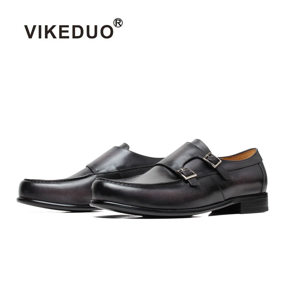 

Vikeduo Designer Decent Grey Private Logo Mens Double Buckle Natural Handmade Leather Dressing Shoes