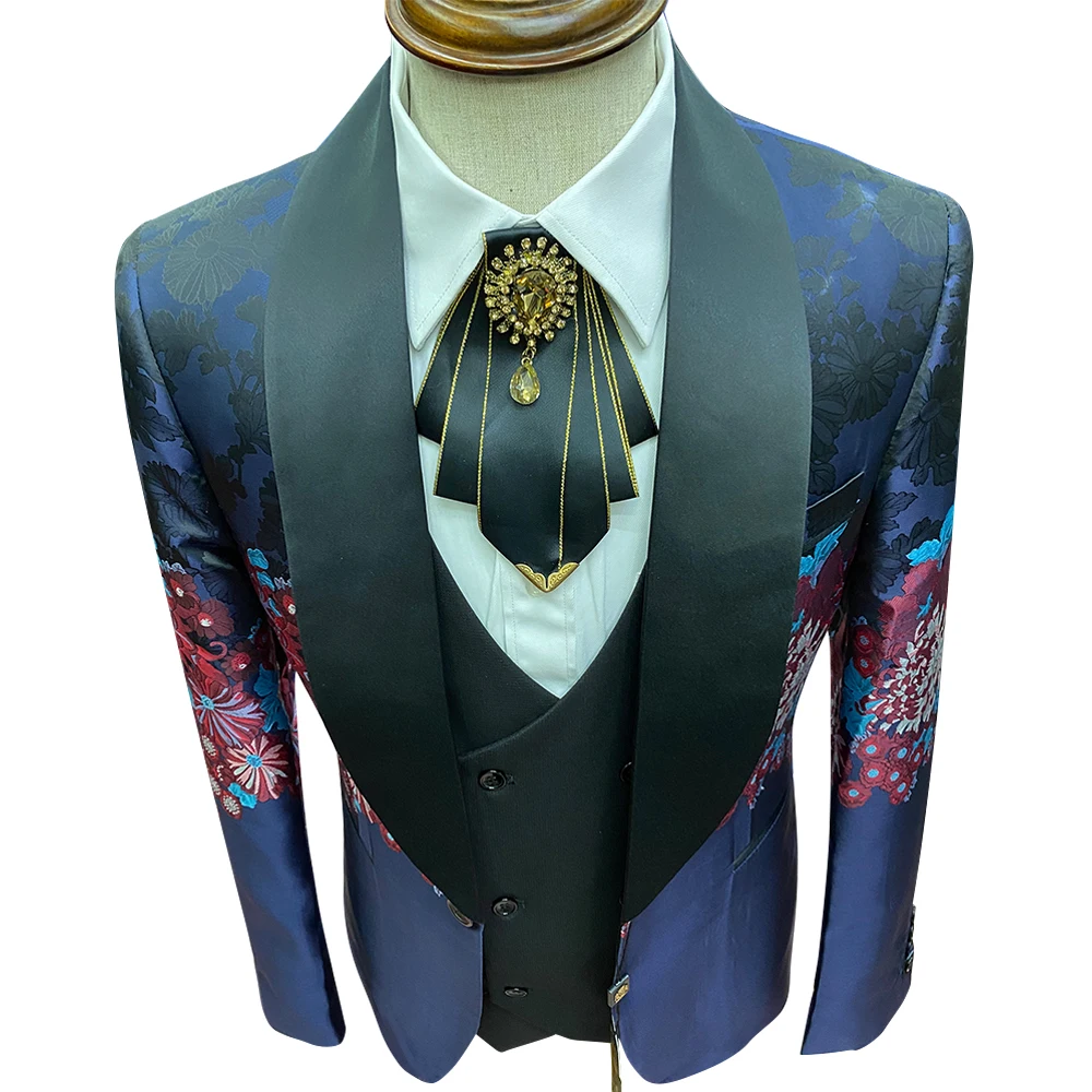 

High quality Shawl Lapel Slim Fit suits for wedding Groom Tuxedos printed Latest Coat men suits sets 3 pieces