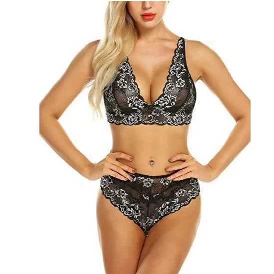 sfy1033 Wholesale two piece plus size  lace transparent bra panty lingerie set