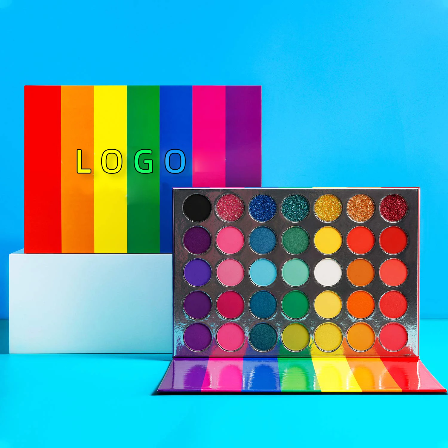 

Customizable 35 Color Colorful Rainbow Matte And Shimmer Pressed Glitter Pigmented EyeShadow Pallets