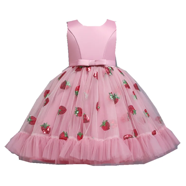 

Strawberry Appliqued Tulle Bean poeder Floral Petals Flower Girl Dress Girls Party Dresses of Kids dresses, Red,blue,grey,bean powder,champagne