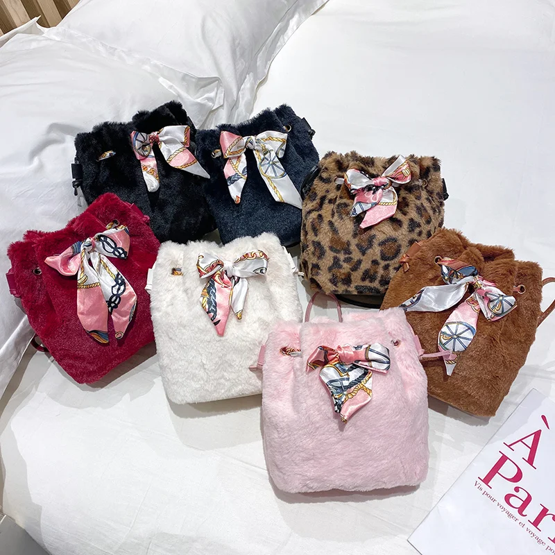

2021 designer pu furry silk scarf pattern women small bucket bags girl ladies mini High capacity bucket shoulder messenger bags