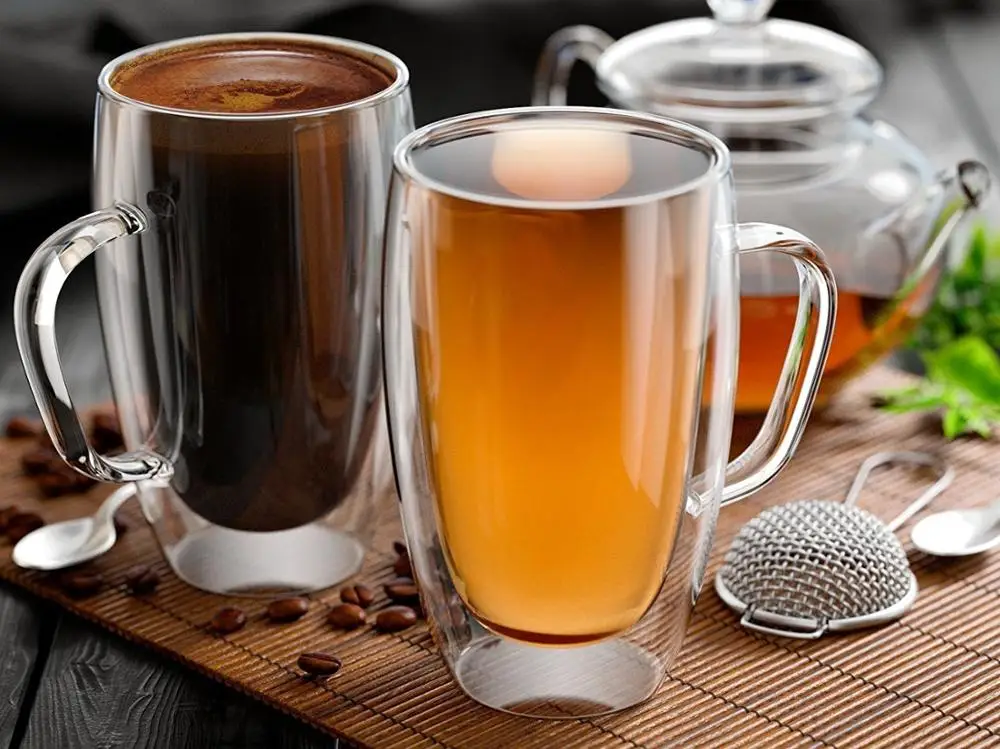 
Large Double Walled Glass Coffee Cups, 15 Ounce Sicilia Collection, Tall Insulated Mugs for Espresso, Latte, Cappuccino, Tea 