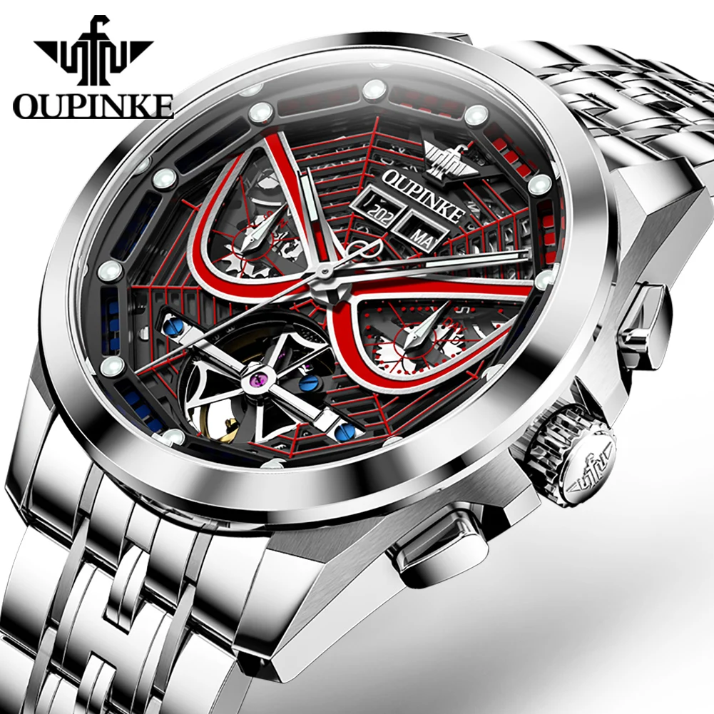 

OUPINKE 3250 oem custom logo spider skeleton Fashion design Luminous Waterproof Tourbillon Automatic mechanical watch for man