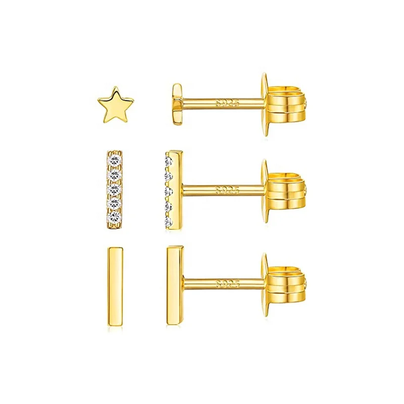 

3Pcs/Set 925 Sterling Silver Jewelry Oorbellen Crystals Geometry Stud Earrings for Women Small Star Round Piercings Earring, Gold and silver