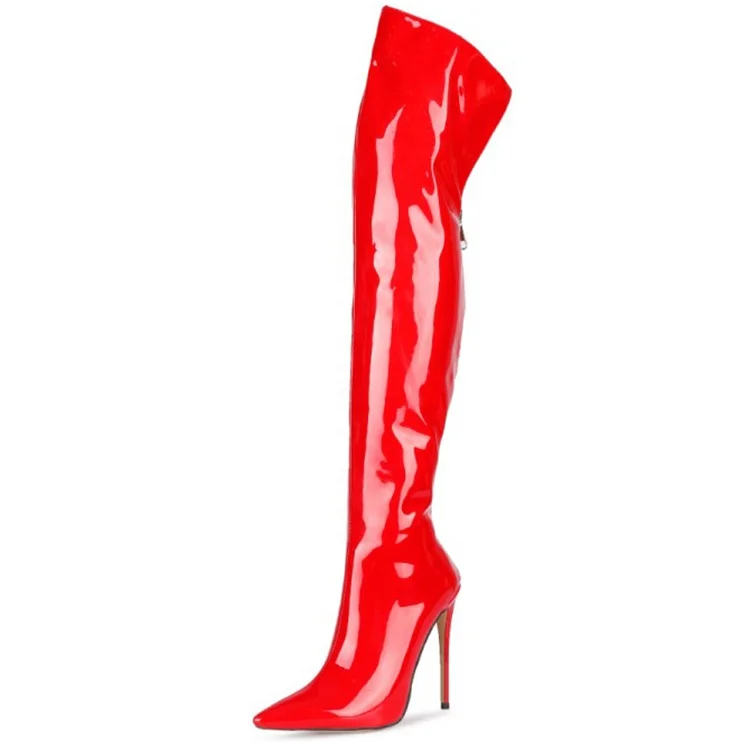 

Patent Leather Large Size 46 Women Over Knee High Boots Thin Heel Sexy Pointed Toe Candy Colors Fashion Women Thin High Boots, Black,white,apricot,red,pink