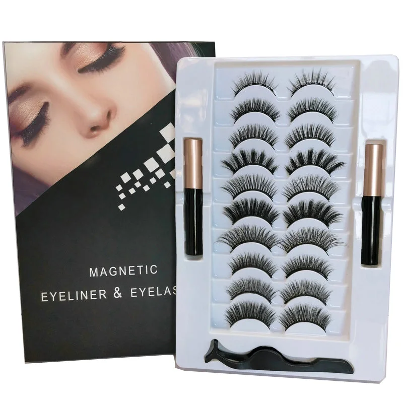 

Hot selling OEM High quality 10 pairs eyelashes Magnetic eyelashes with tweezer and 2pcs eyeliner
