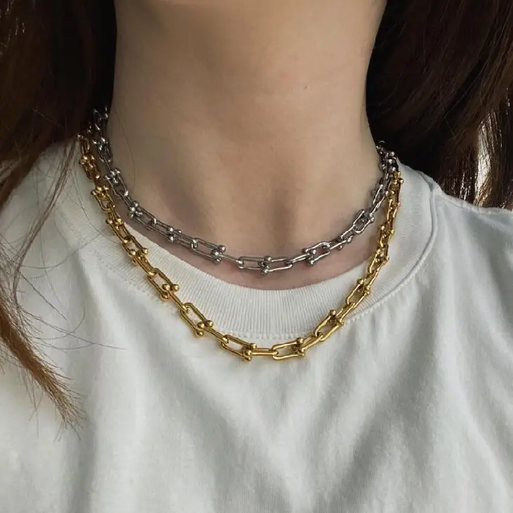 

2021 Trendy Link Chain Jewelry Set Women Stainless Steel Chunky Thick Interlocking Link Gold Plated U Shaped Necklace