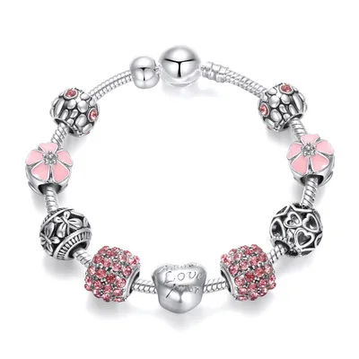 

DIY Jewelry Silver Plated Pink Crystal Flower Shaped Beads Charm Bracelet Fashion Pink Glasses Large Hole Beads Charm Bracelet