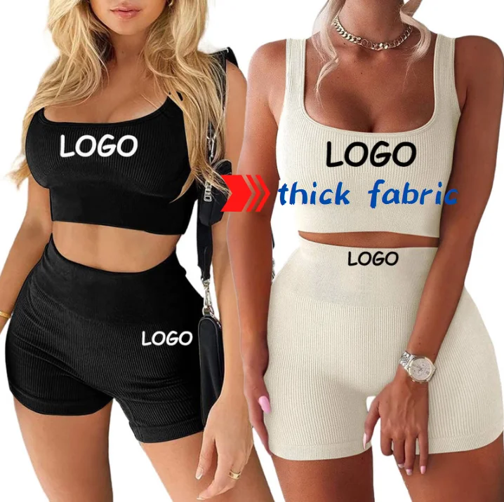 

2022 Fashion Summer Casual Gym Sports Women active wear set 2 Piece Crop Top And Biker Shorts Sets Two Piece Short ribbed Set
