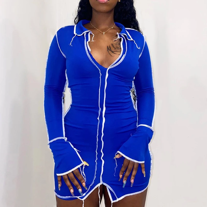 

FS1712D Long Sleeve women casual V Neck Bodycon mini dress