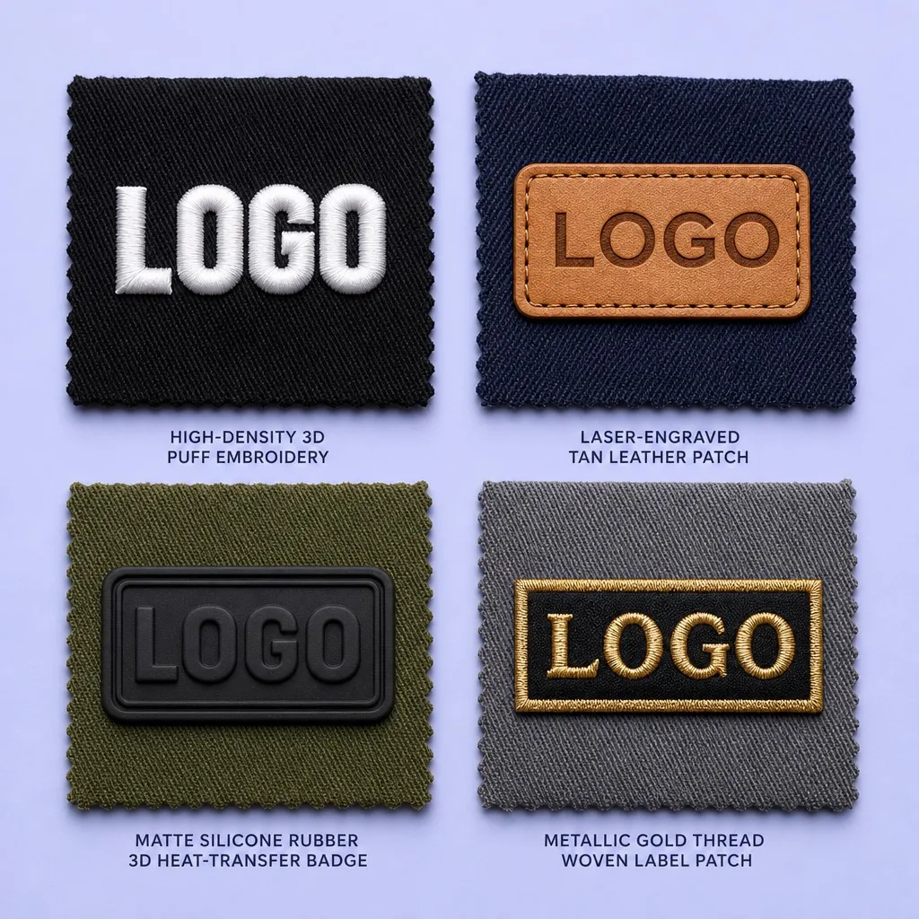 4 Custom Patch Swatches: 3D Puff Embroidery, Leather Patch, Silicone Rubber Badge, and Gold Thread Woven Label