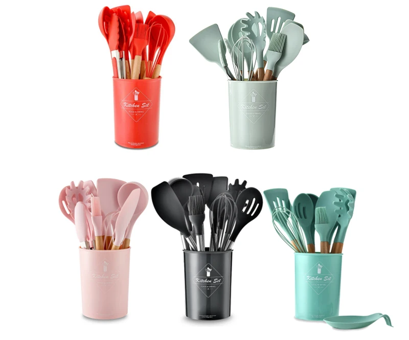 

12 Pieces in 1 set silicone kitchen accessories cooking tools kitchenware silicone kitchen utensils with wooden handles, Pink, blue