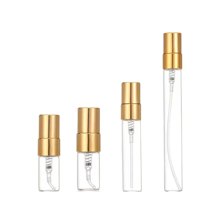 

Hot Sale Clear Glass Spray Bottles 2ml 3ml 5ml 10ml Empty Refillable Perfume Bottle with Gold Silver Lid