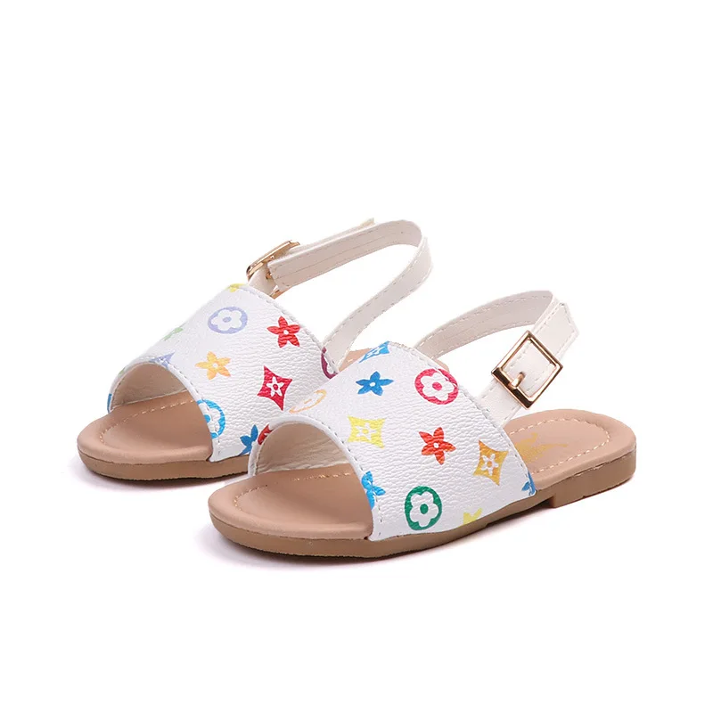 

2021 New Toddlers shoes Boys Girls Sandals Summer Children's Beach Shoes Kids Fashion Sandals Anti-slipe Soft Simple Sandals, White flower white grid black brown
