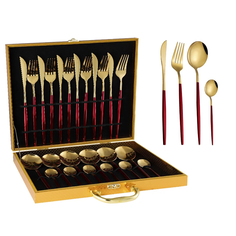 

24-piece silverware oblate portugal style flatware restaurant wedding gold stainless steel cutlery set in wooden box