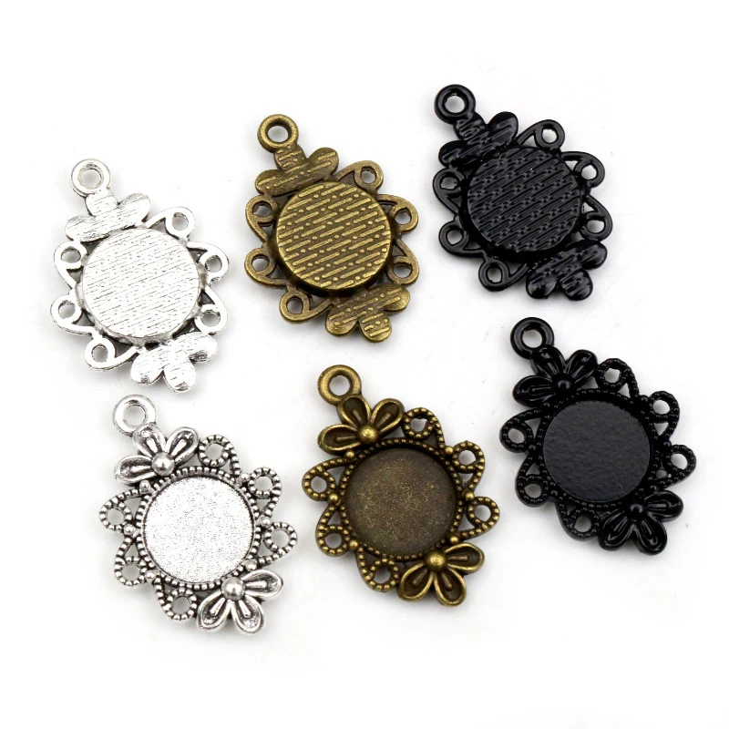 

12mm Inner Size 5 Colors Fashion Style Flower Cabochon Base Cameo Setting Charms Pendant Blank Bezel Trays