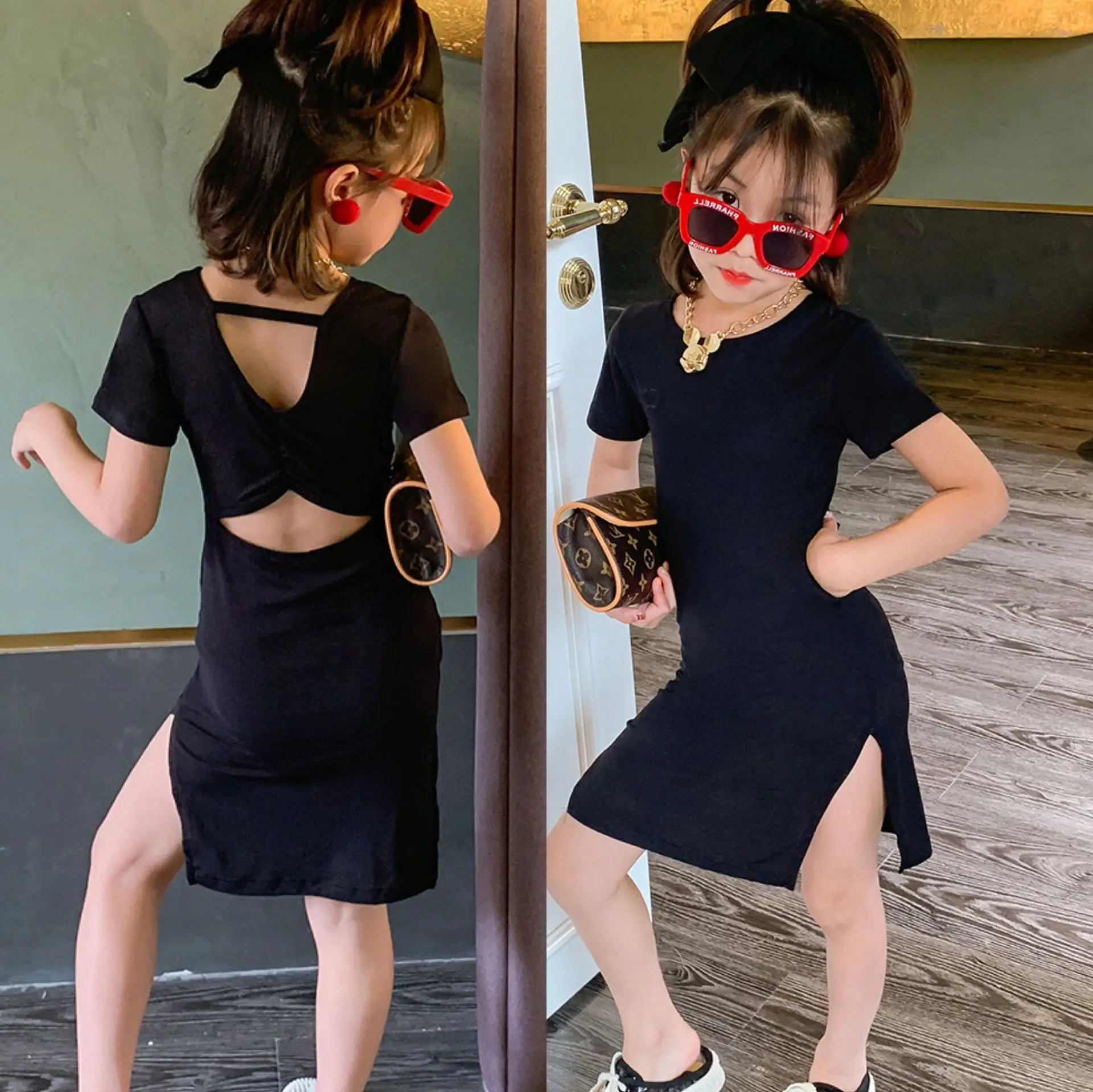 

2021 Summer New Black Girl Backless Dress Stylish Toddler Girl Short Sleeve Black Dress