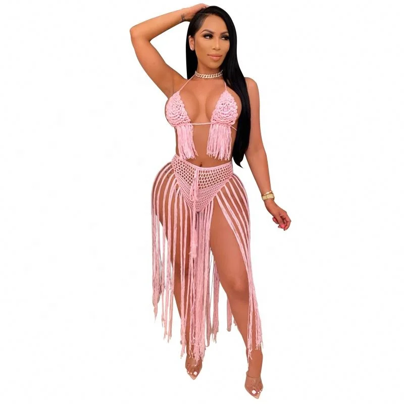 

LXE 2021 Sexy Vacation Outfits Beach Wear Crochet Tassel Dress Sets Bikini Top 2 Piece Skirt Set Summer Wholesale Items, Camel, pink, white, black, orange