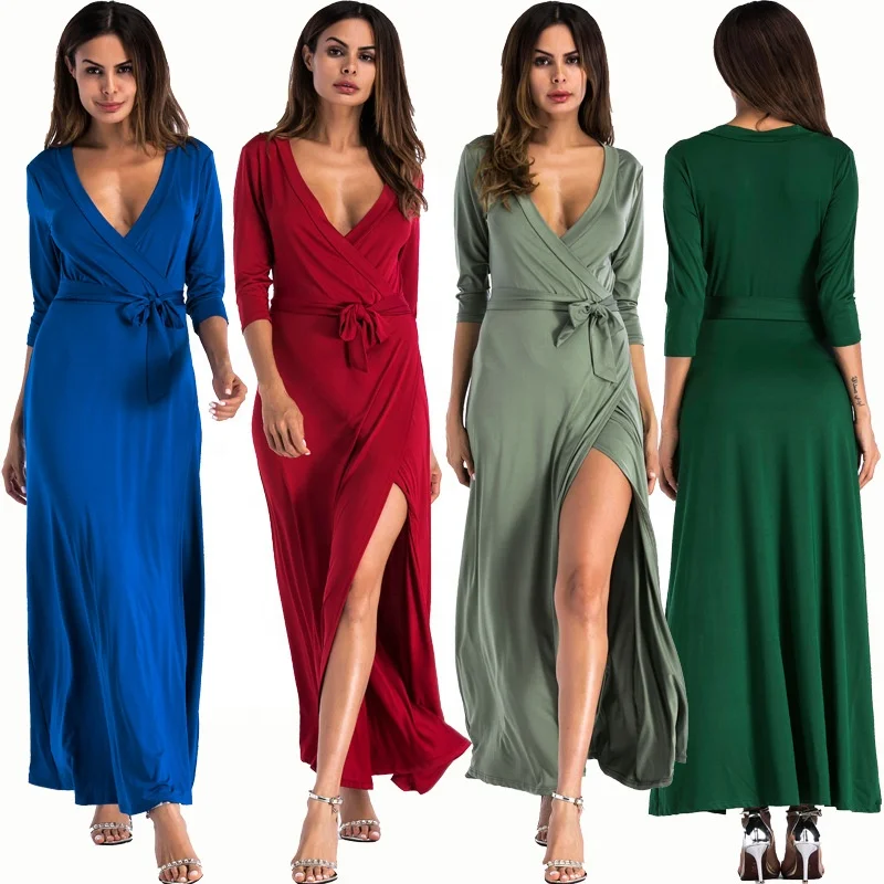 
Sexy latest hot selling fashion Long sleeve pure color V-neck long-sleeve lace-up Open fork Women dress 