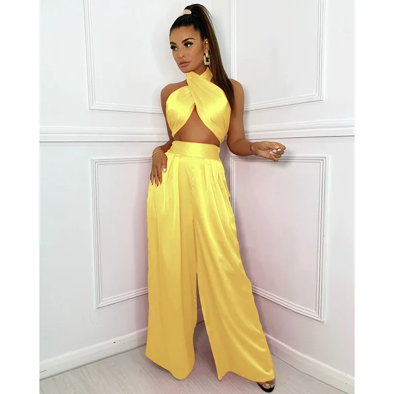

New Fashion Women Polka Trousers Suit Summer silk off shoulder Shirt + Holiday Ladies Pleated Wide-Leg Length Pants Set, Customized