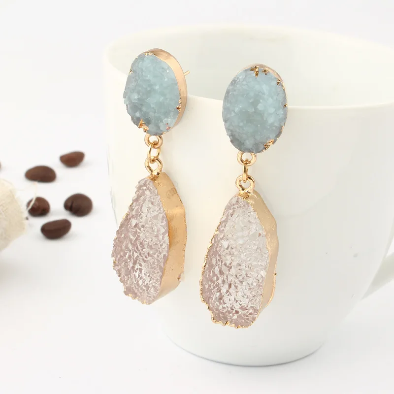 

2020 Natural Stone Round Druzy Earrings White Blue Drusy Quartz Water Drop Charms Drop Earring Vintage Jewelry Earring