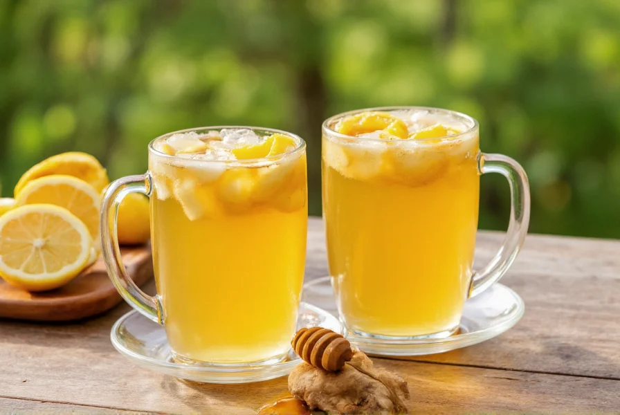 Two mugs of golden ginger tea with lemon slices and honey on a wooden table, natural lighting