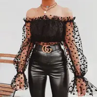 

Off shoulder transparent Mesh Polka Dot puff Long Sleeve Breathable Polyester Sexy Perspective Screen Tops Cropped Shirts