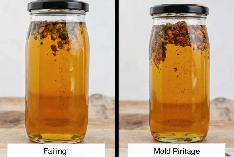 Comparison of properly infused pepper vinegar in glass bottles versus failed attempts with mold or discoloration