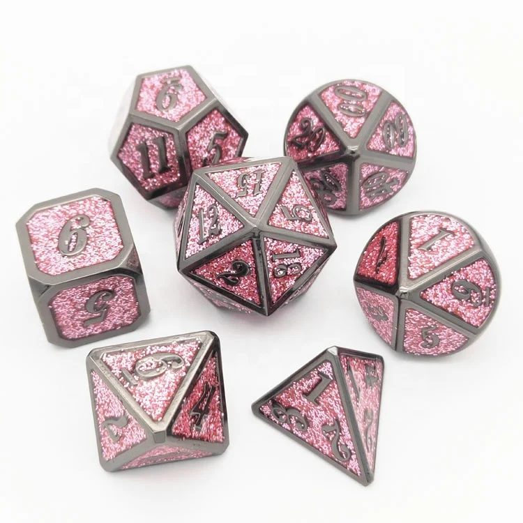

Polyhedral metal dice Pink glitter enamel dice dnd game dice set 7 d6 d20 d4 d12 d24