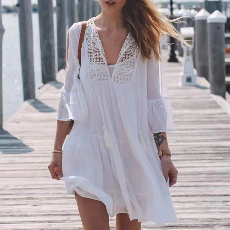 

Fashion Women Summer Casual Dresses Tropical Dresses Skirt Women Sexy Club Wear Women Solid Color Beach Dress, White