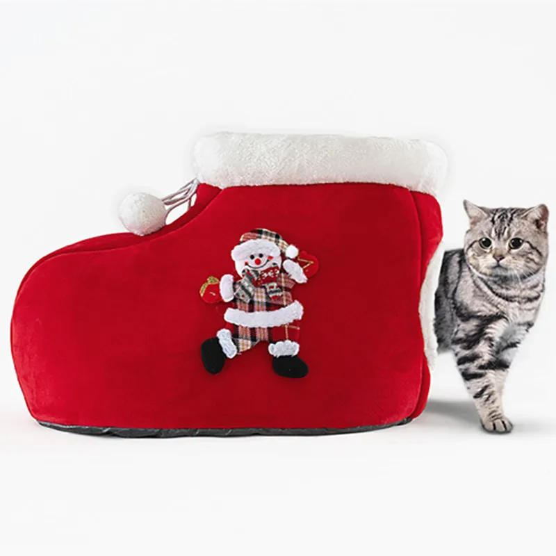 

Cartoon Festival Design Christmas boots Dog kennel Cave Winter warm Dog Cat pet house beds, Red